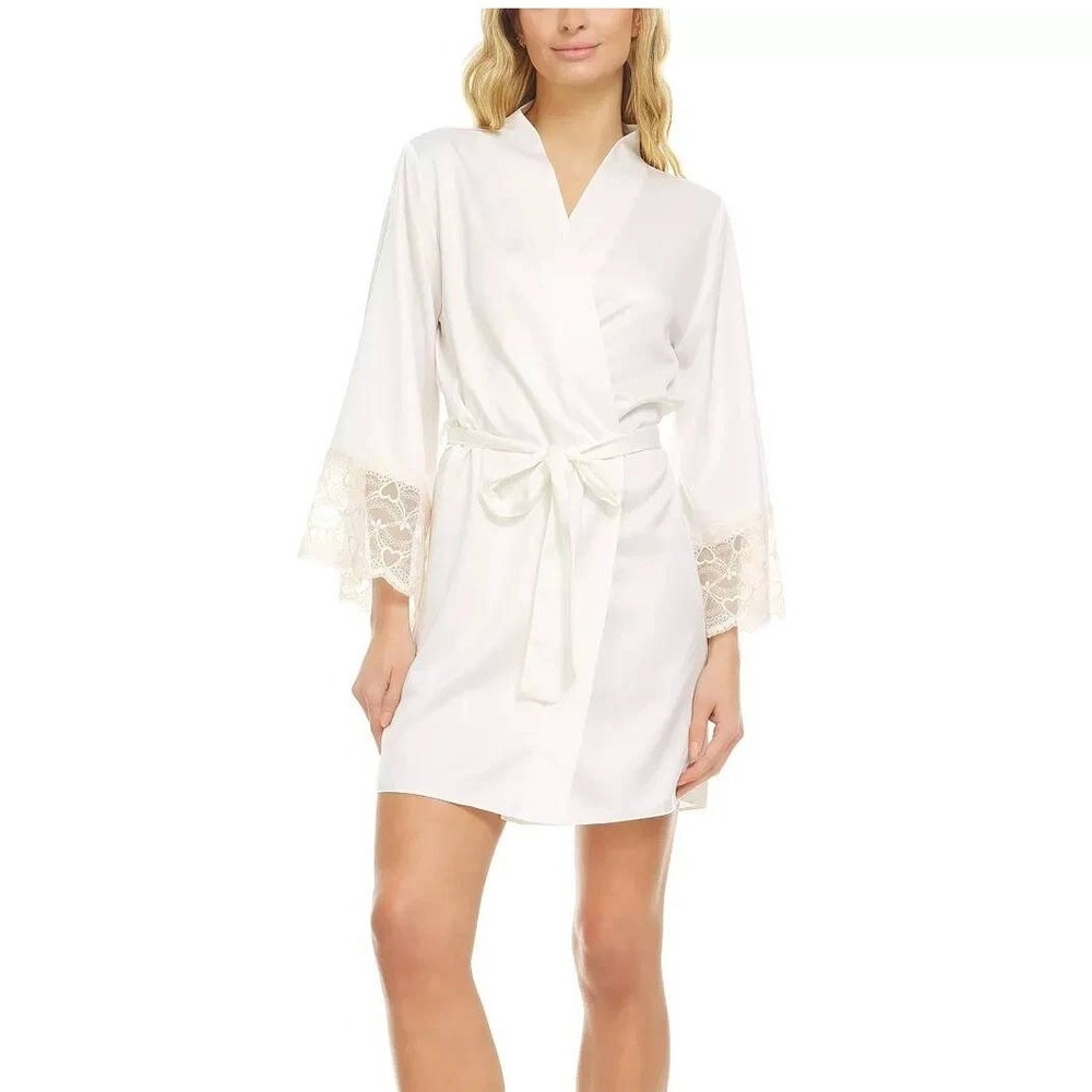 Flora New Nikrooz‎ L/XL Womens Robe Ivory Heart Lace Trim Belt Tie New With Tag